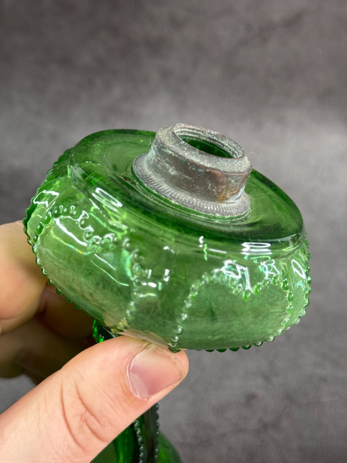 1930s Depression Glass Green Mini Oil Kerosene Lamp, EAPG, beaded Heart panels