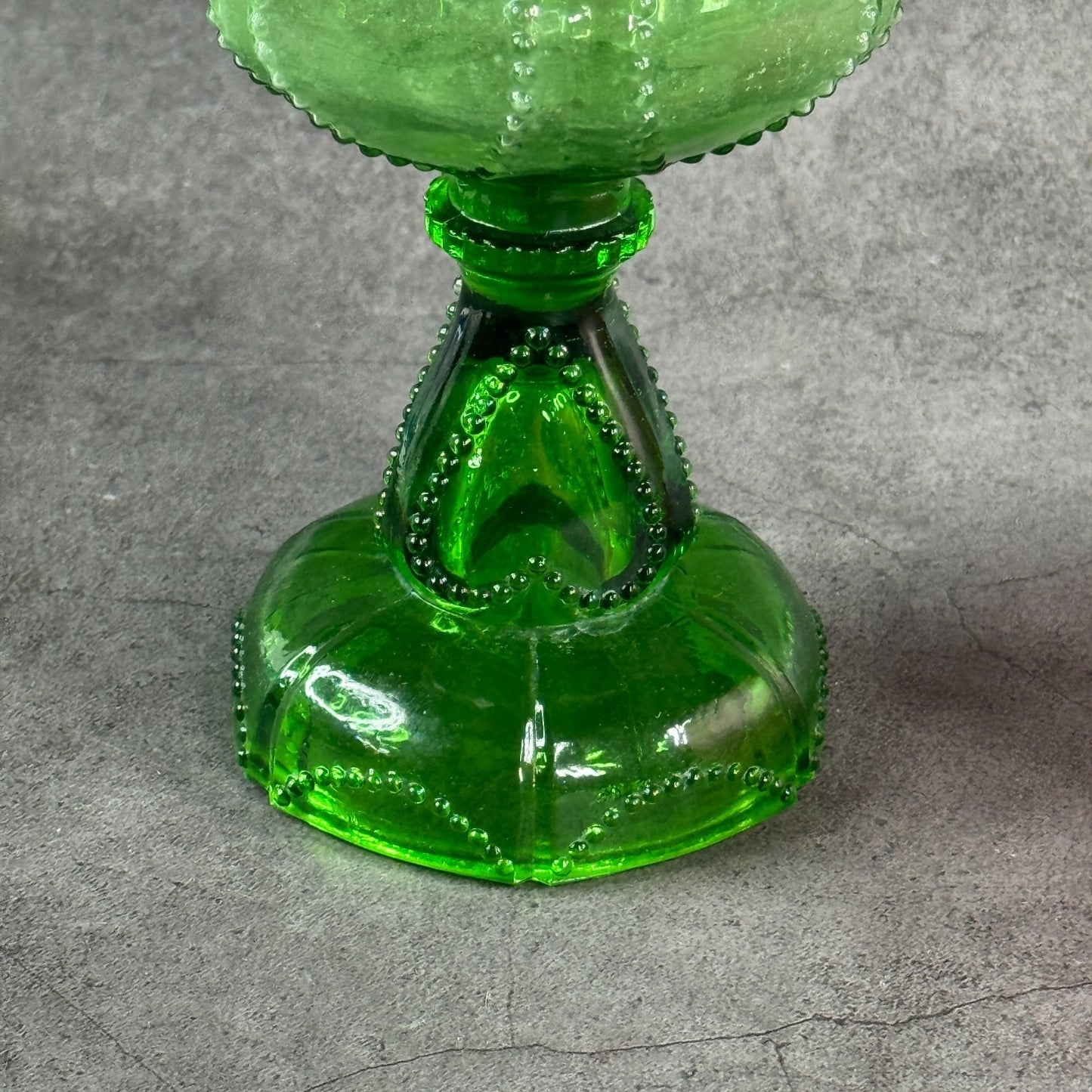 1930s Depression Glass Green Mini Oil Kerosene Lamp, EAPG, beaded Heart panels