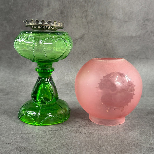 1930s Depression Glass Green Mini Oil Kerosene Lamp, EAPG, beaded Heart panels