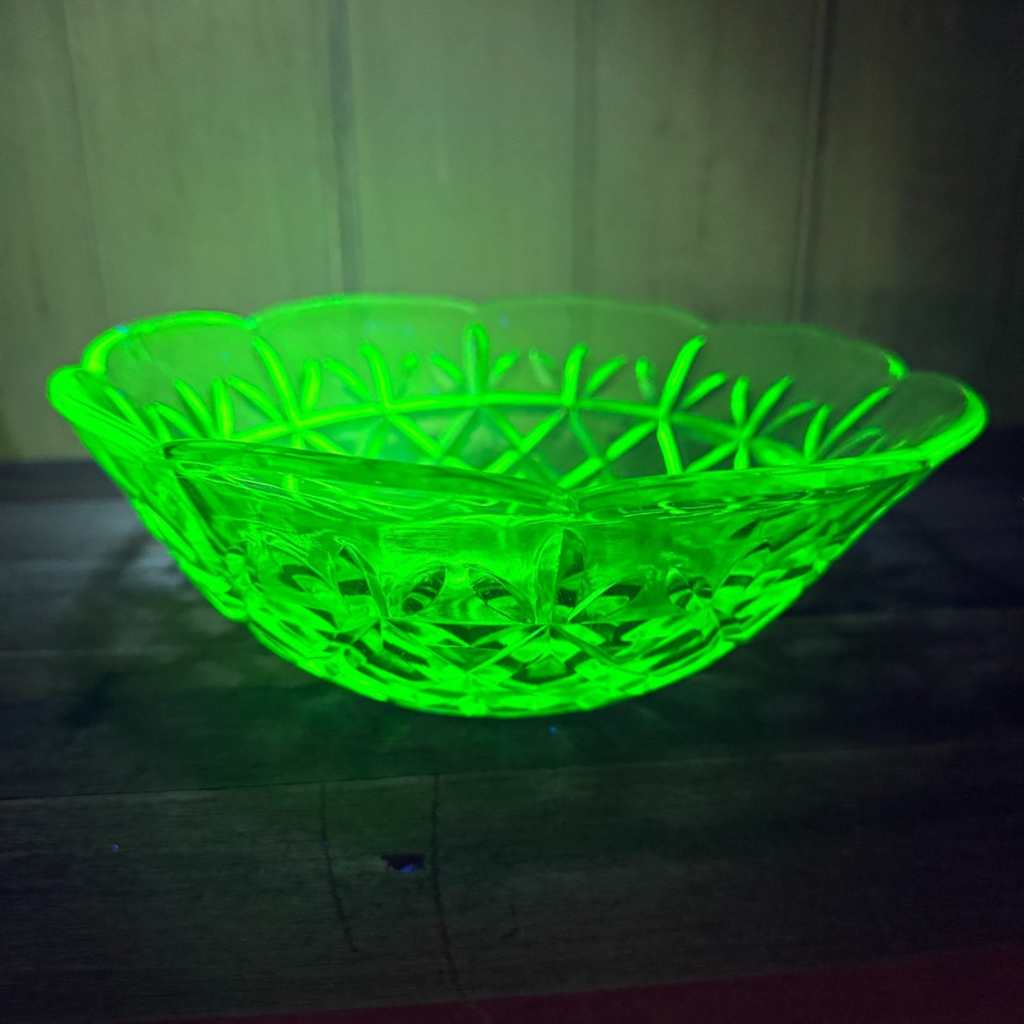 1930s, Australian Green Depression Uranium Glass Large Salad Bowl - 20cm.