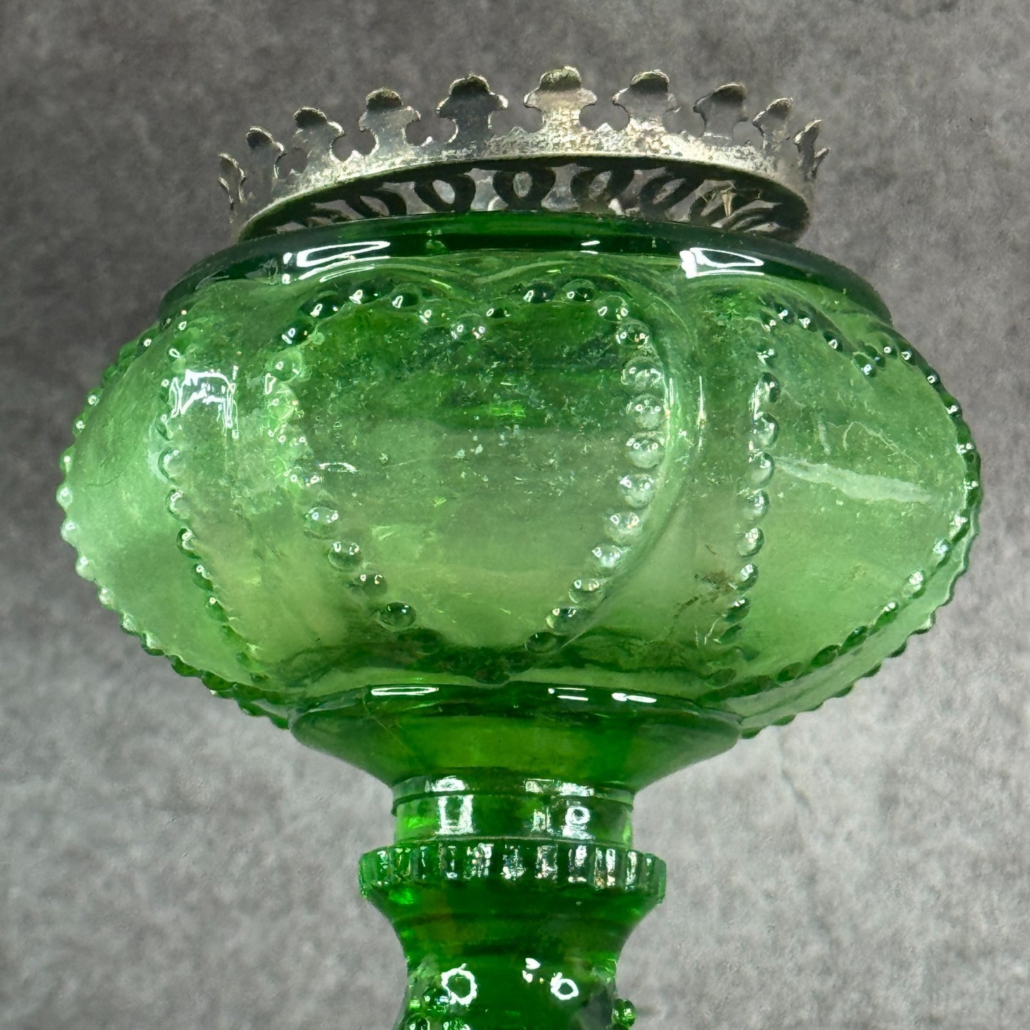 1930s Depression Glass Green Mini Oil Kerosene Lamp, EAPG, beaded Heart panels