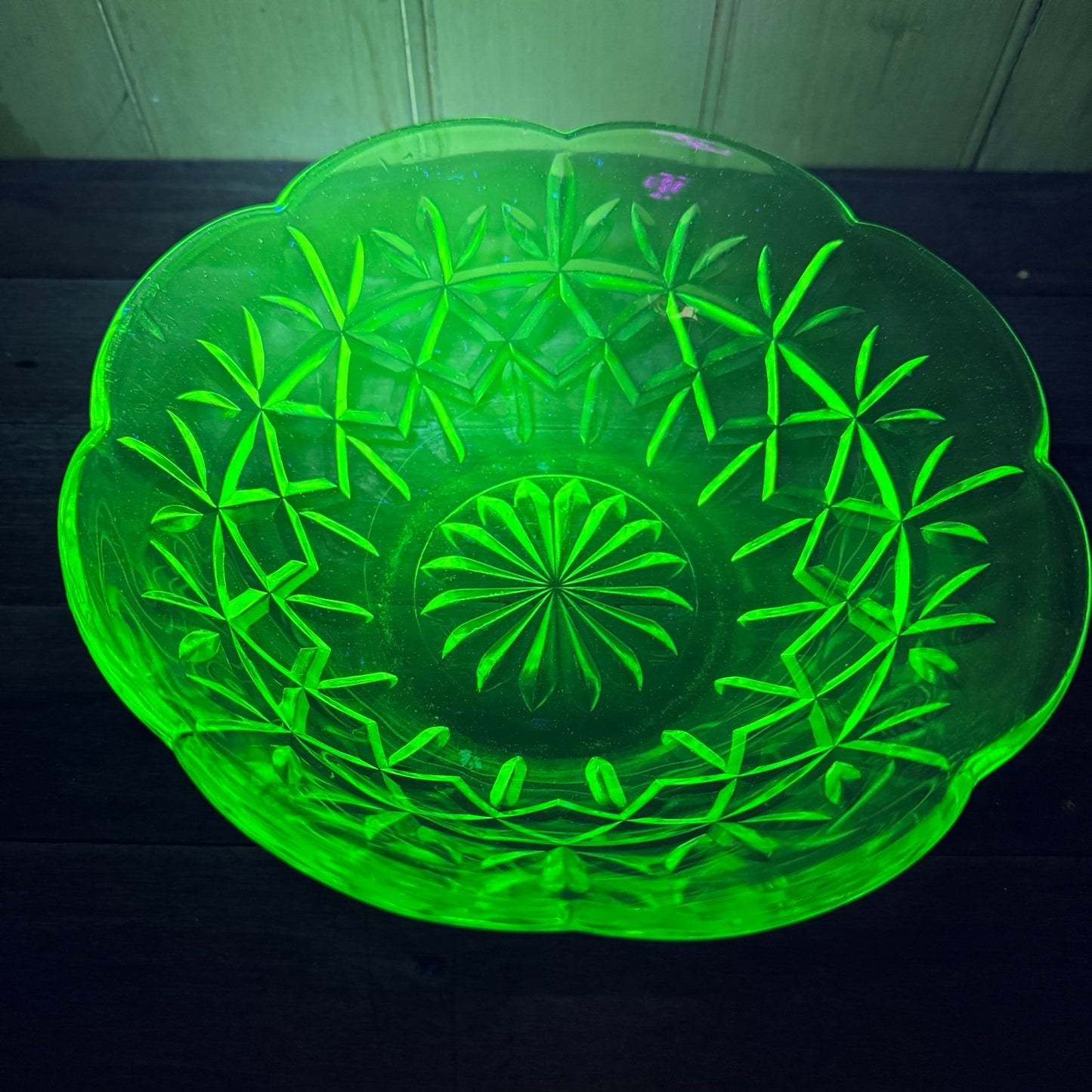 1930s, Australian Green Depression Uranium Glass Large Salad Bowl - 20cm.