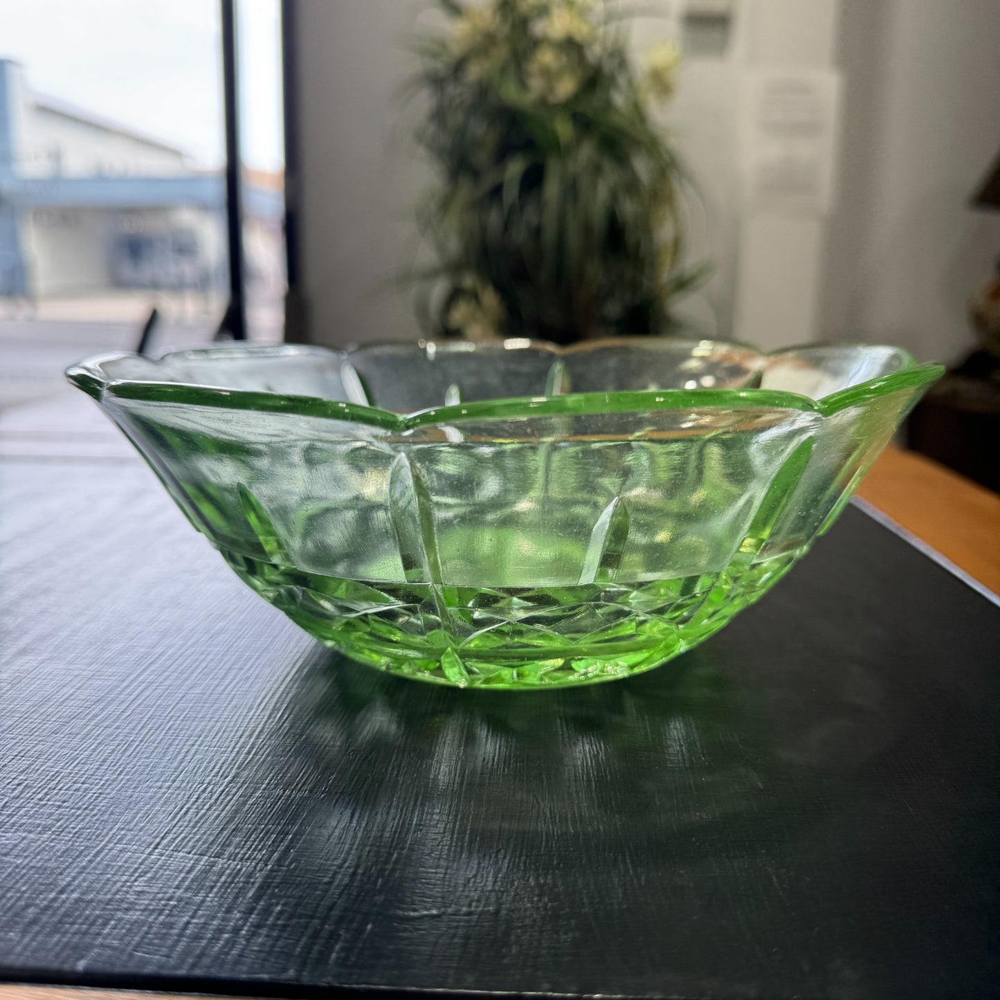 1930s, Australian Green Depression Uranium Glass Large Salad Bowl - 20cm.