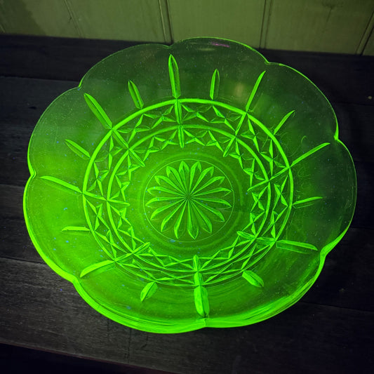 1930s, Australian Green Depression Uranium Glass Large Salad Bowl - 20cm.
