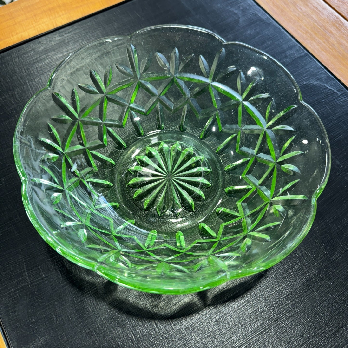 1930s, Australian Green Depression Uranium Glass Large Salad Bowl - 20cm.
