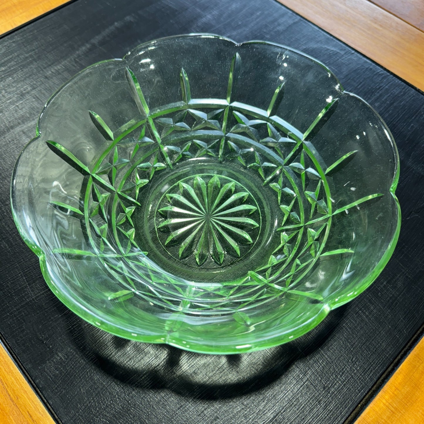 1930s, Australian Green Depression Uranium Glass Large Salad Bowl - 20cm.