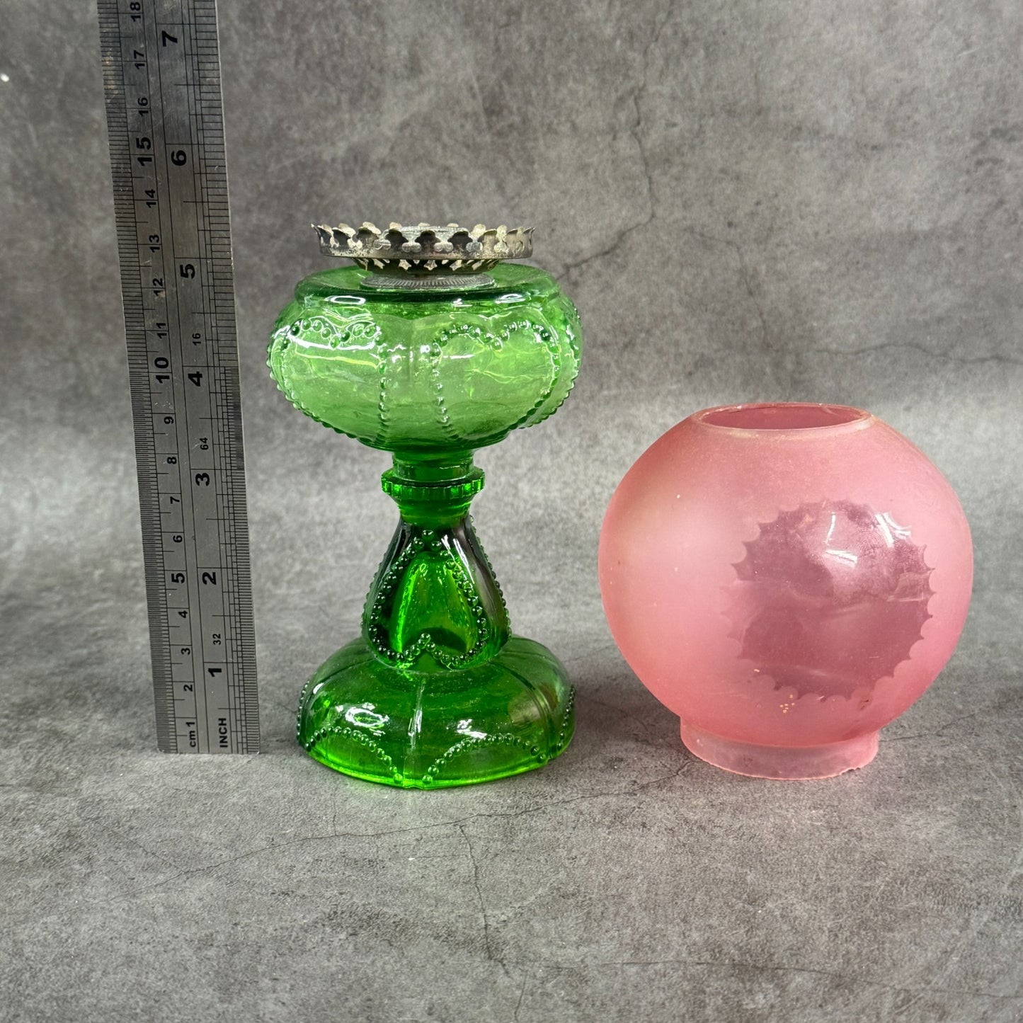 1930s Depression Glass Green Mini Oil Kerosene Lamp, EAPG, beaded Heart panels