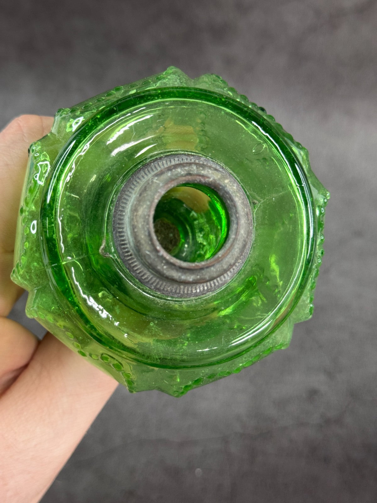 1930s Depression Glass Green Mini Oil Kerosene Lamp, EAPG, beaded Heart panels