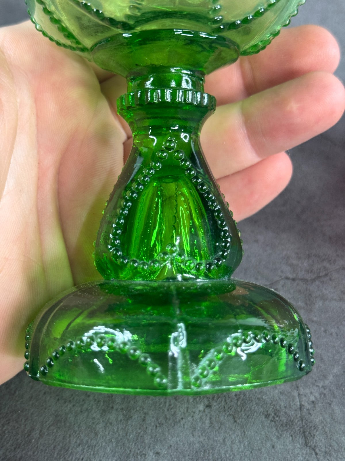 1930s Depression Glass Green Mini Oil Kerosene Lamp, EAPG, beaded Heart panels