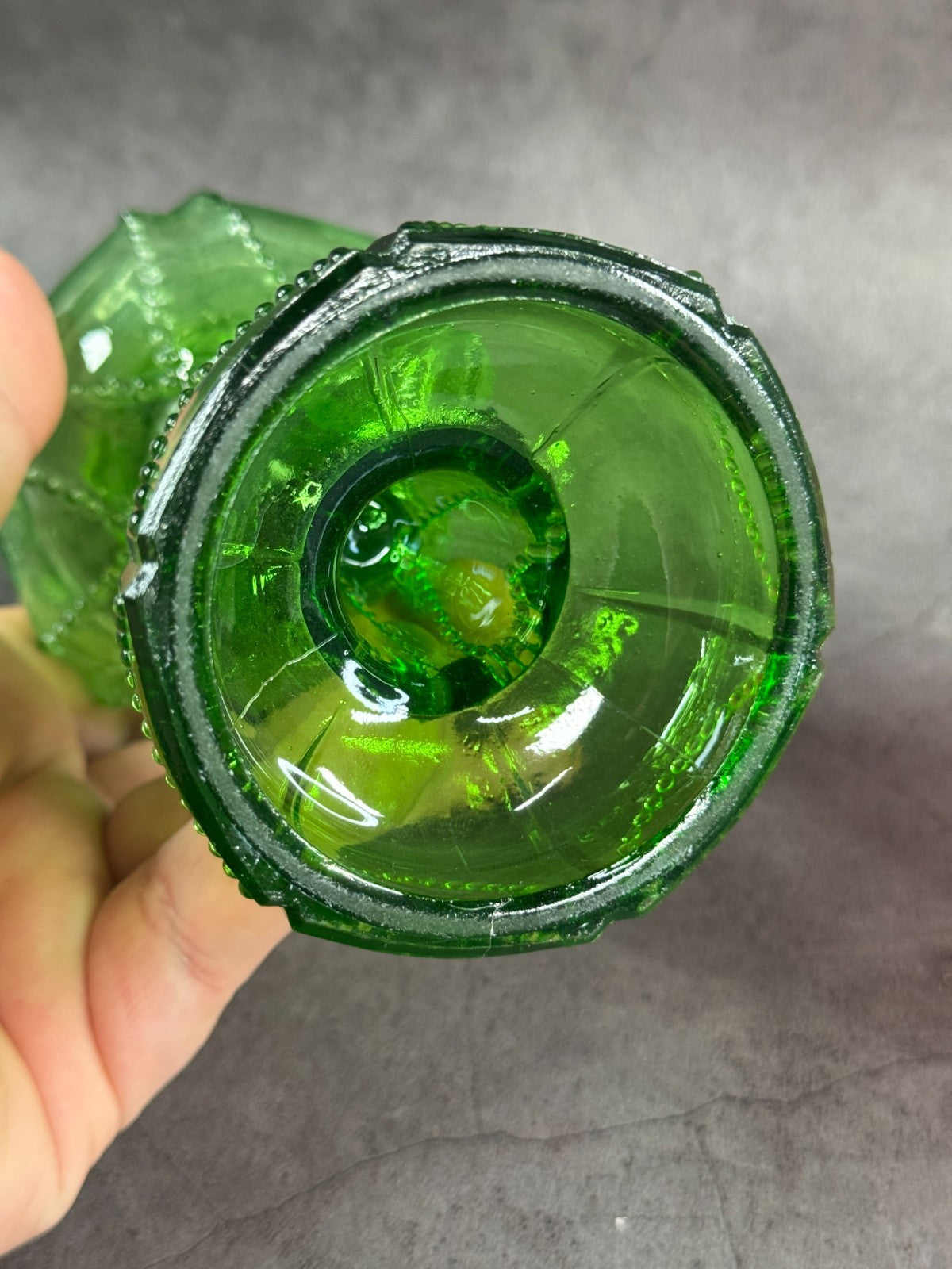 1930s Depression Glass Green Mini Oil Kerosene Lamp, EAPG, beaded Heart panels