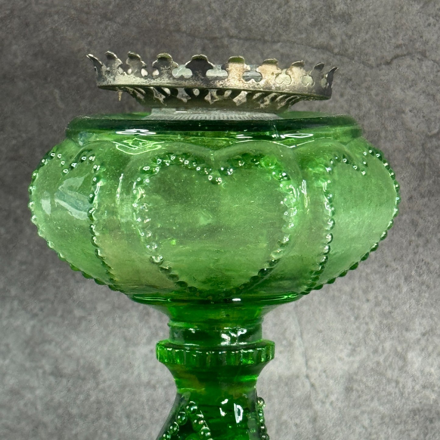1930s Depression Glass Green Mini Oil Kerosene Lamp, EAPG, beaded Heart panels